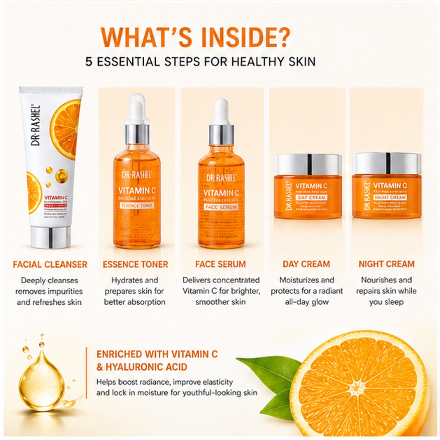 Vitamin C 5in1 Skin Care Set: Face Serum, Face Day & Night Cream, Face Cleanser, Essence Toner | Premium Skincare & Beauty