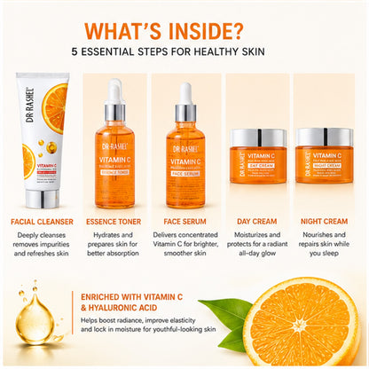 Vitamin C 5in1 Skin Care Set: Face Serum, Face Day & Night Cream, Face Cleanser, Essence Toner | Premium Skincare & Beauty