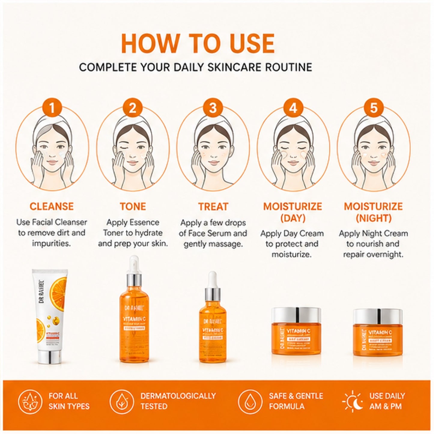 Vitamin C 5in1 Skin Care Set: Face Serum, Face Day & Night Cream, Face Cleanser, Essence Toner | Premium Skincare & Beauty